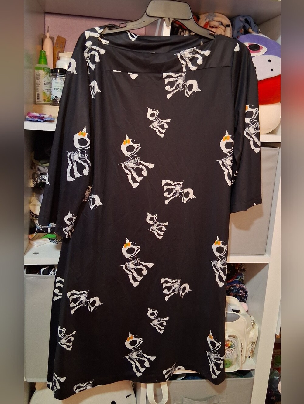 Black Dress with White Skeleton Unicorn Print